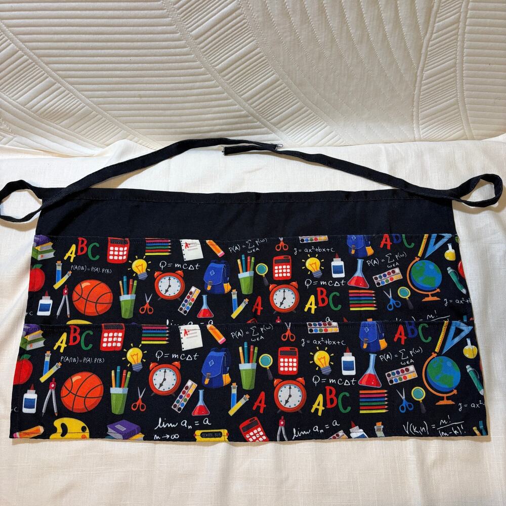 Teacher Classroom Apron 3 Pocket School Supply Print Black Waist Ties